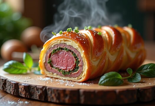 Rustic Puff Pastry Wrapped Tenderloin with Handcrafted Crust and Juicy Centerpiece Displayed Elegantly in a Textured Setting