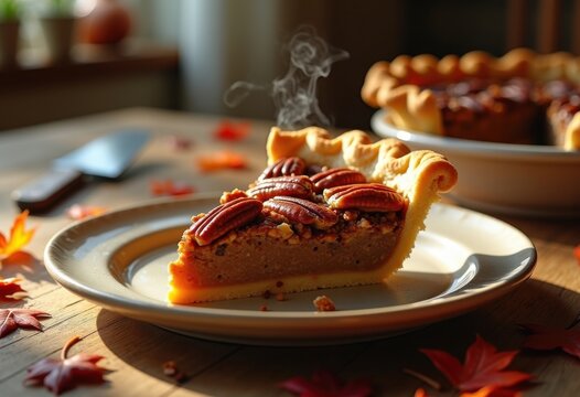 Rustic Sliced Pecan Pie Dessert Harmony Warm Cozy Atmosphere Golden Autumn Appeal