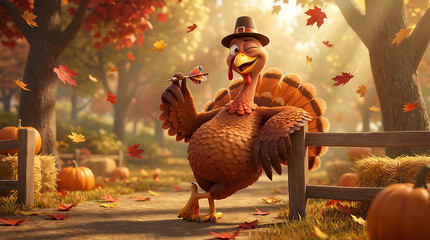 Turkey sport cartoon character in autumn park