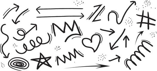 A collection of hand drawn doodles and symbols on a white background