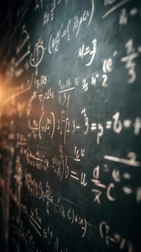 A blackboard filled with advanced mathematics, featuring algebraic expressions, calculus, and scientific notations. The scene evokes academic focus and intellectual curiosity in a learning environment