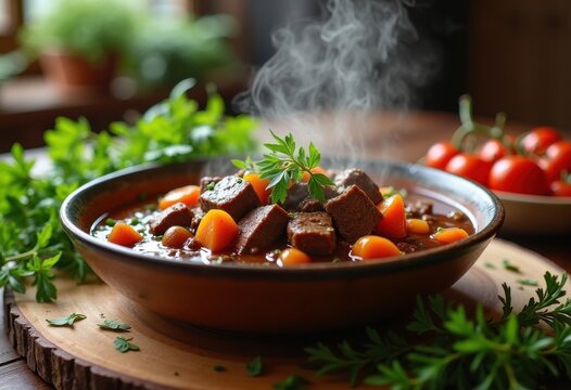 Steaming Beef Stew in Ceramic Bowl Surrounded by Fresh Ingredients and Herbs Emitting Aromatic Essence