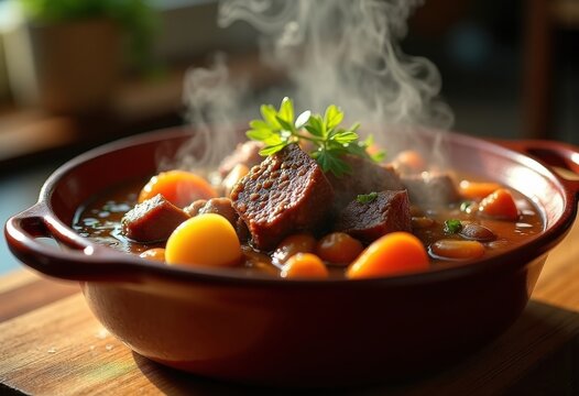 Steaming Beef Stew in Elegant Ceramic Vessel Warm Comfort Culinary Artistry Hearty Meal Scene