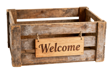 Rustic Wooden Crate with Engraved Welcome Sign Isolated on Transparent Background