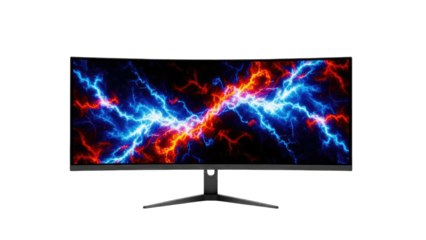 Curved Gaming Monitor Displaying Abstract Lightning on White Background
