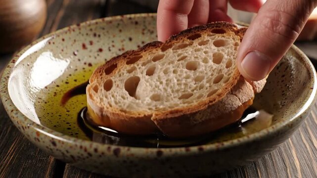 Close-up shot of a hand dipping a slice of rustic bread into a bowl of olive oil and balsamic vinegar