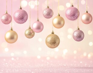 Assorted shiny, spherical holiday ornaments, hanging against bokeh