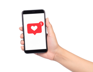 Hand holding smartphone with like icon - isolated on transparent background