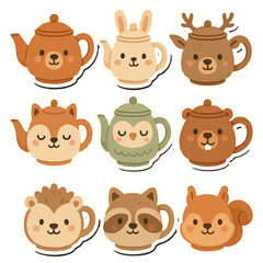 Obraz premium Cute animal-themed teapots featuring bunny, deer, fox, owl, beaver, hedgehog, raccoon, squirrel.