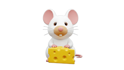 Cute Cartoon Mouse Holding Cheese on White Background
