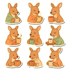 Obraz premium Cute cartoon kangaroos relaxing with warm beverages.
