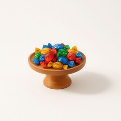 Small wooden pedestal stand heaped with glossy wrapped candies on white background bright dessert display for party buffet sweet shop and celebration design