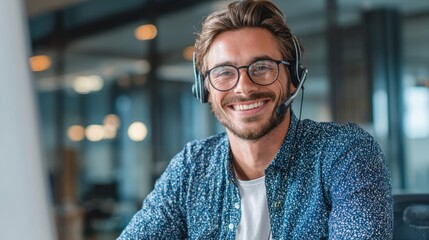 Smiling young man in headset engages with clients in a bright stylish office setting.