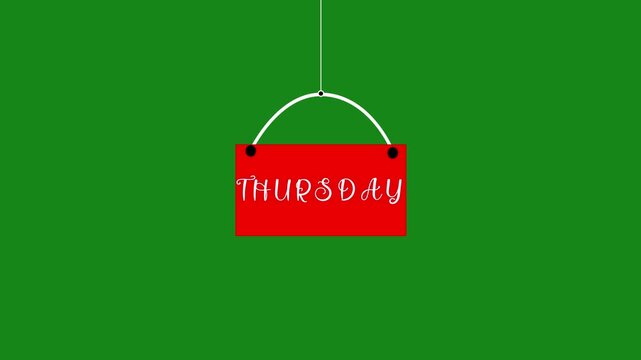 Thursday text week name icon animation hanging on strings. new modern digital week name Thursday text animation on green screen.