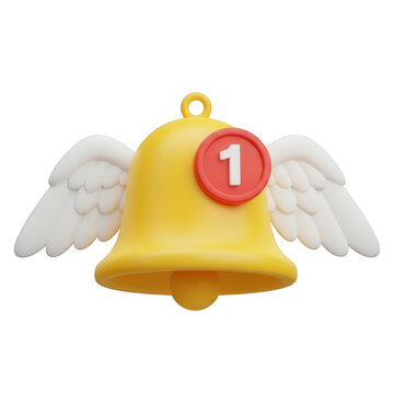 A cute 3d icon of a flying yellow notification bell with new message count isolated on transparent background