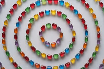 Vibrant jelly beads in colorful spiral pattern on white