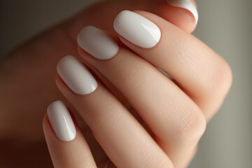 Elegant White Manicure on Natural Female Hand. cloud dancer color of the year