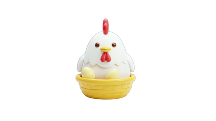Cute Chicken Sitting in a Basket on White Background