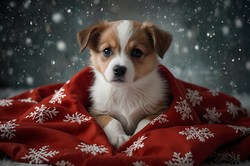 A puppy wrapped in a red Christmas blanket with snowflakes falling around