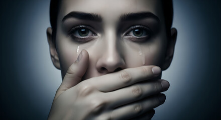 Woman covering mouth with hand while tears stream down face. Emotional close-up portrait of shock and sorrow. Concept of silent grief and suppressed distress in human emotion