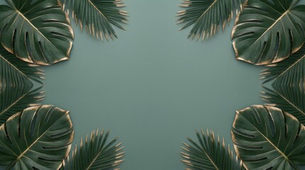 Green and gold tropical leaf frame on plain background. Holiday design with exotic foliage in top view. Copy space for advertisement.