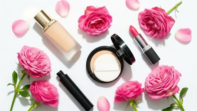 Cosmetic products and pink roses on a white background. 4k video