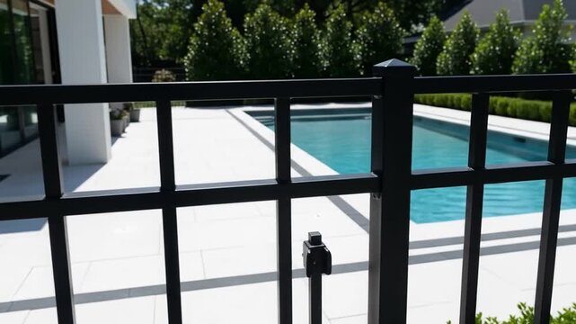 View through a black fence to a modern backyard with a swimming pool, white patio, and green trees