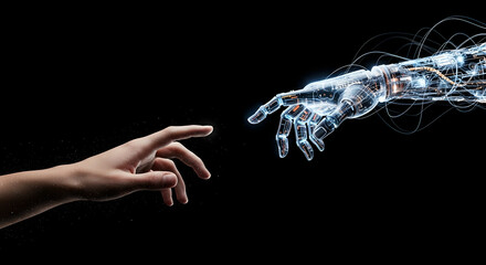 Womans hand reaching to touch glowing cybernetic robotic hand with digital circuits. Symbol of human-AI connection and technology integration. Future innovation in artificial intelligence and