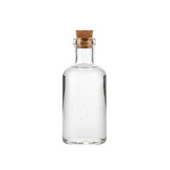 Transparent liquid contained within a clear glass bottle sealed with a cork stopper isolated on a