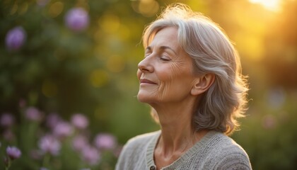 Elderly woman breathes deeply in garden. Calm senior enjoys morning sun among flowers. Peaceful lady finds serenity in nature, practicing mindfulness and quiet reflection.