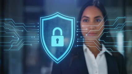 "Business professional with glowing digital shield and padlock icon symbolizing cybersecurity and data protection" - Powered by Adobe