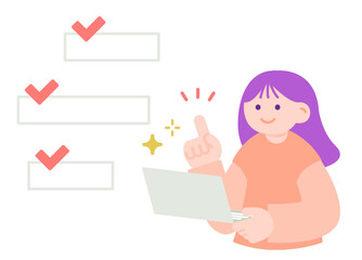 タスクを確認するノートパソコンを持つ女性