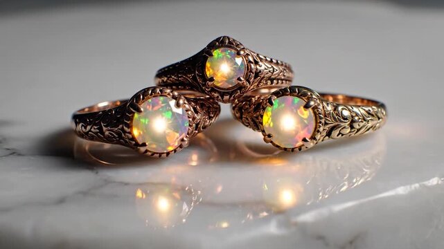 Three opal rings on marble surface
