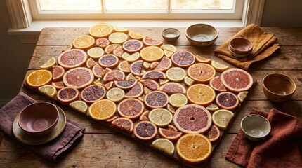 Sliced citrus fruit arranged on a wooden board, with bowls and linen napkins. Fresh, healthy food for a vibrant natural aesthetic.