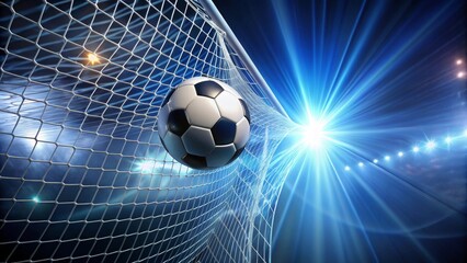Naklejka premium Dramatic Soccer Goal Celebration A Stunning Image of a Ball Entering the Net Under Bright Stadium Lights