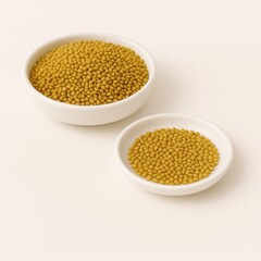 Alfalfa seeds displayed in two small white ceramic dishes one filled to the rim and one with thin layer on white background healthy organic sprouting superfood and agriculture concept