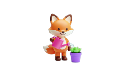 Cute Fox Watering Plant in Pot - 3D Render