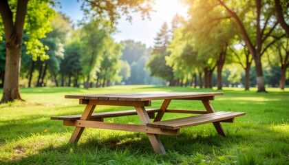 Inviting wooden picnic table with benches sits peacefully in a vibrant, sun-drenched green park, perfect for outdoor gatherings and relaxation amidst nature's beauty
