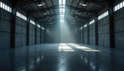 Vast dark empty warehouse interior with high ceilings. Sunlight streams through roof windows creating bright geometric patterns on concrete floor. Industrial building space.