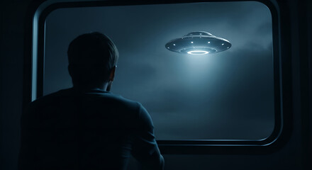 Man standing at spaceship window gazing at glowing UFO in starry space. Silhouette figure observing luminous alien craft outside. Sci-fi extraterrestrial encounter and mysterious flying saucer