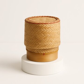 Traditional thai woven bamboo kratip sticky rice container with lid fully closed placed on small matte white pedestal on smooth white surface rustic food serving design