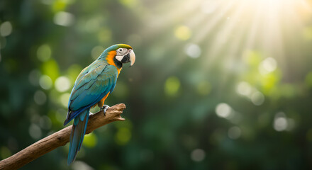 Blue and yellow macaw perched on branch in lush forest. Vibrant tropical parrot in natural habitat with sunlight filtering through leaves. Wildlife conservation and exotic bird photography concept.