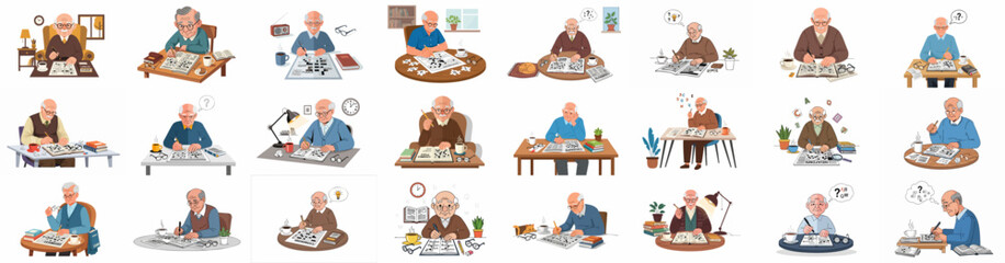 Fototapeta premium Elderly man solving crossword puzzles set. Illustrations depicting senior intellectual hobbies, brain training, aging, and retired life activities.