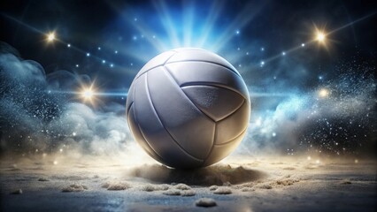 Fototapeta premium A gleaming volleyball rests on sandy terrain, illuminated by dramatic stage lighting, creating a powerful and dynamic sports image.