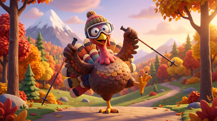 Turkey sport cartoon character in autumn park