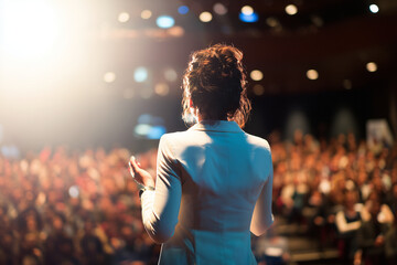  Exited woman motivational speaker on stage in front of an audience . Diversity, Success, Leadership