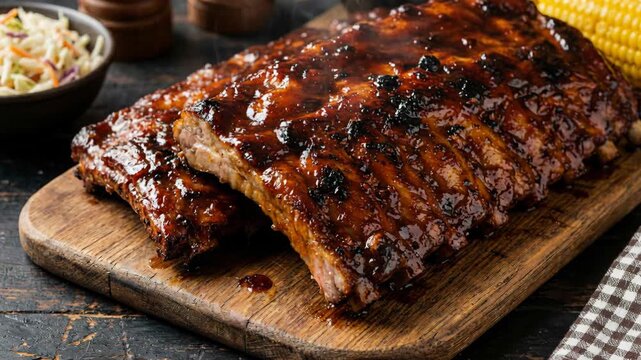 Delicious Glazed Ribs on Wooden Board with Cole Slaw and Corn