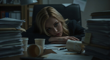 Woman with blonde hair resting head on hand at cluttered office desk surrounded by towering stacks of paperwork documents and coffee cups. Tired businesswoman overwhelmed by administrative tasks.