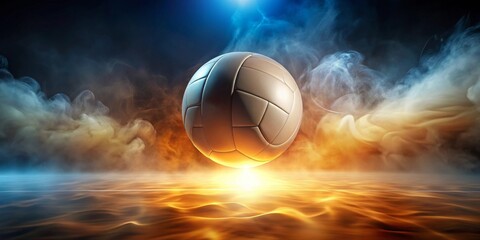 Obraz premium A dramatic volleyball image, suspended in smoky, fiery atmospheric environment, ideal for sports-themed projects