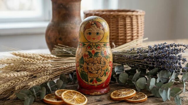 Matryoshka Doll on Wooden Table with Dried Flowers and Rustic Accents by Window